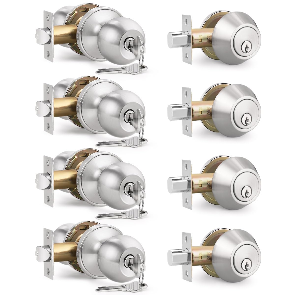 Brotima 4 Pack Keyed Entry Door Knob and Single Cylinder Deadbolt Combination Set in Satin Nickel, Keyed Alike Exterior Knob Door Handle and Deadbolt Lock and Key, Round Locking Lever Handle Set