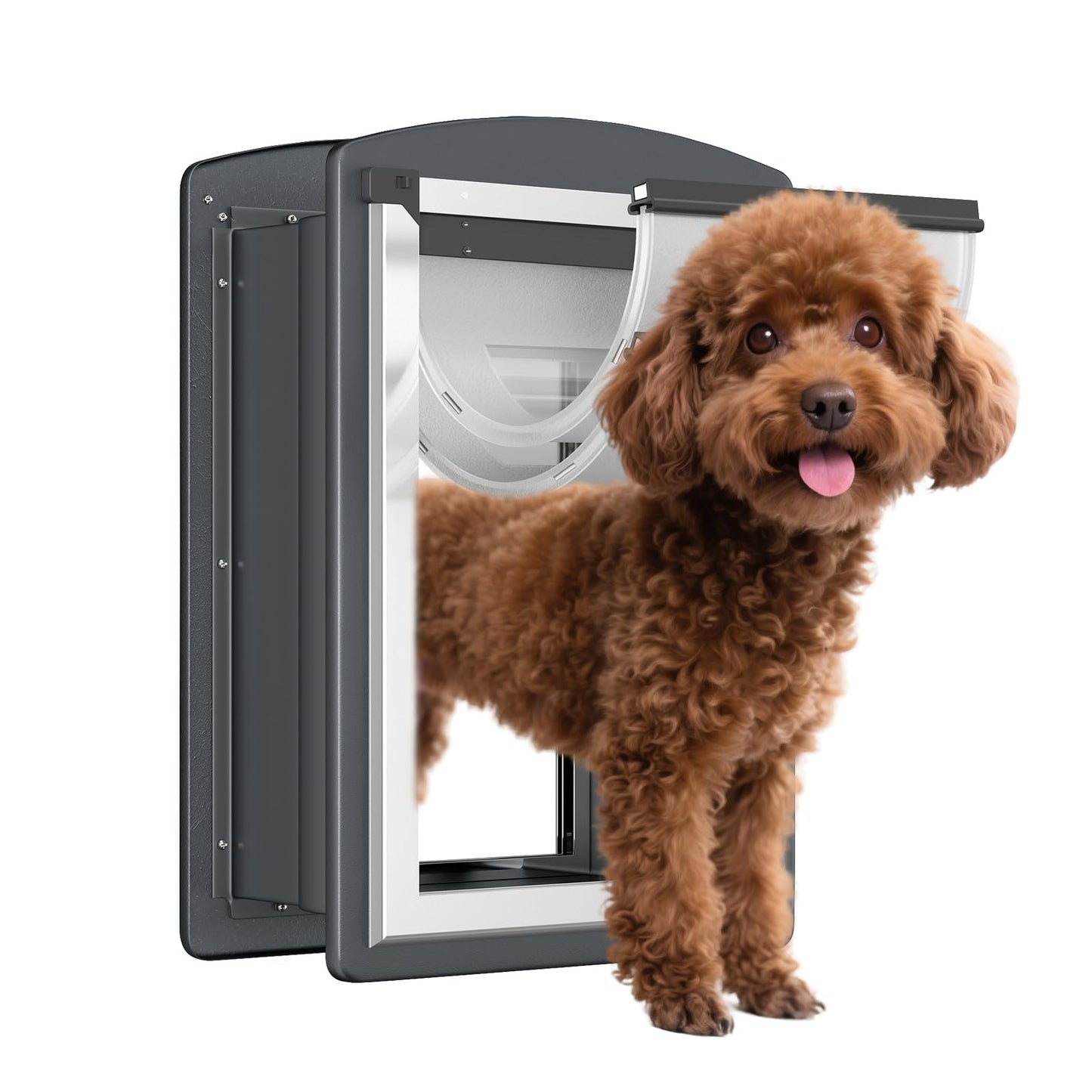 FreeStanding Dog Door for Wall, Steel Frame Doggy Door with Telescoping Tunnel, Double Magnetic Flaps and Double Security Lock Panels, Dog Door for Exterior and Interior Wall, Up to 40lbs, Smoky Gray