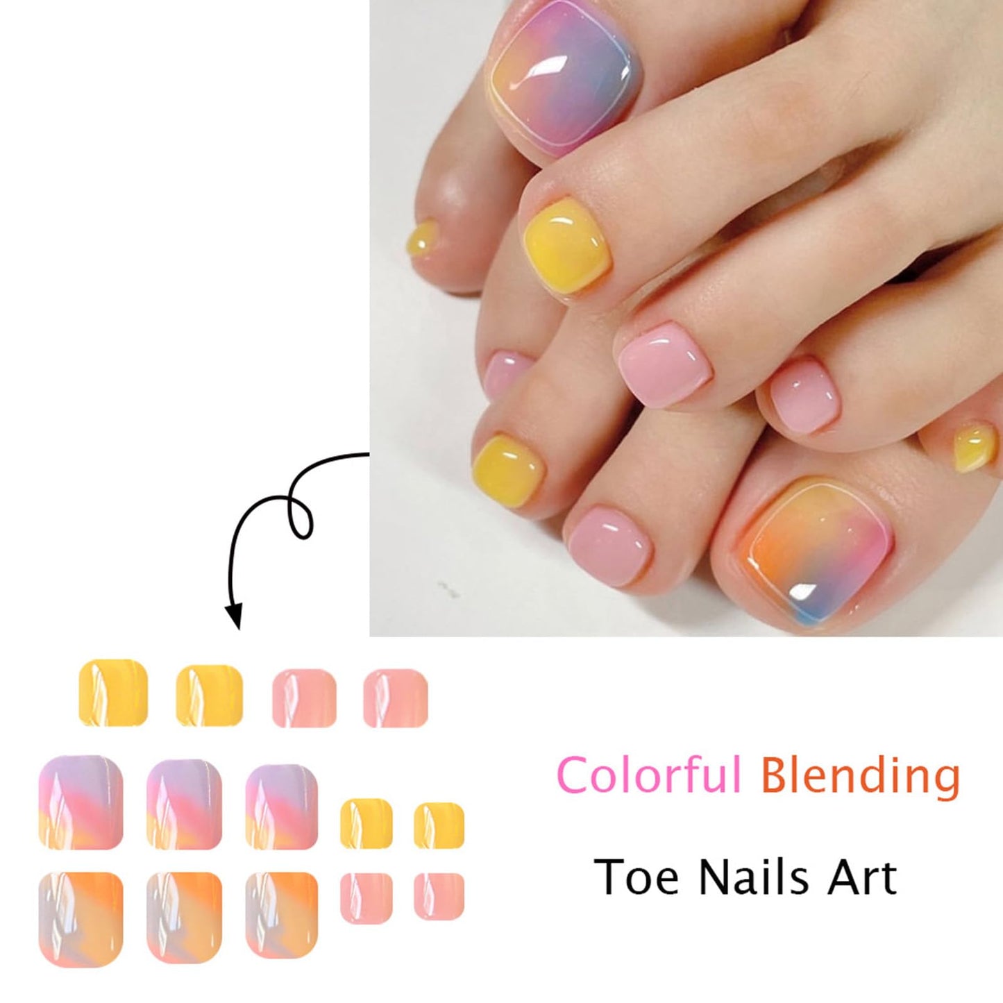 Summer Press on Toenails Short Square Fake Toe Nails with Colorful Blending Designs Cute False Toenails with Jelly Glue Pink Yellow Glossy Full Cover Acrylic Toenails for Women 24Pcs