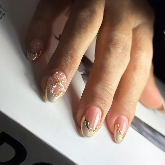 Silver French Tip Press on Nails Short Almond, Gold Flower Line Fake Nails with Glue, Pink Stick on Nails Full Cover Glossy False Nails for Women DIY Manicure Decoration, 24PCS