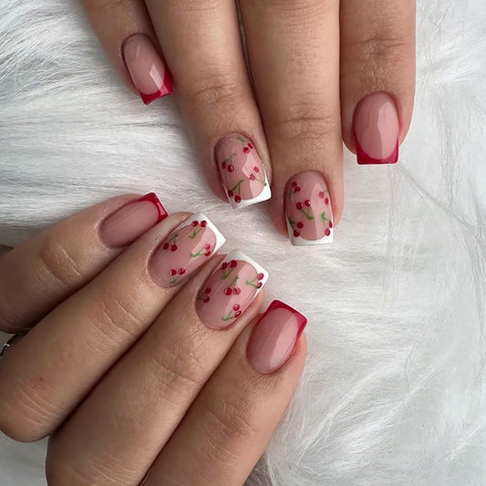 French Tips Press on Nails Pink Glossy Fake Nails Cute Cherry Designs Short False Nails Square Stick on Nails Full Cover Red White Nail Tips Acrylic Nail Art Kit for Women Manicure Decoration 24 Pcs