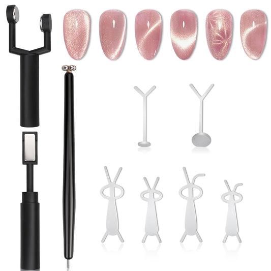 Plman 3 in 1 Y-Shaped Cat Eye Nail Magnet, Double Head Cat Eye Gel Nail Polish Magnet, Detachable Nail Magnet Tool with Nail Magnet Guides, Nail Magnetic Pen for Nail DIY at Home (Y-Shaped Set-Black)
