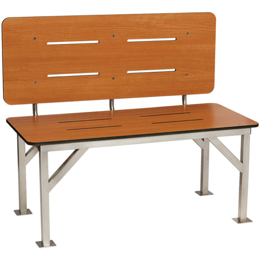 Seachrome Stationary Shower Bench with Back Rest, ADA, Solid Teak Phenolic