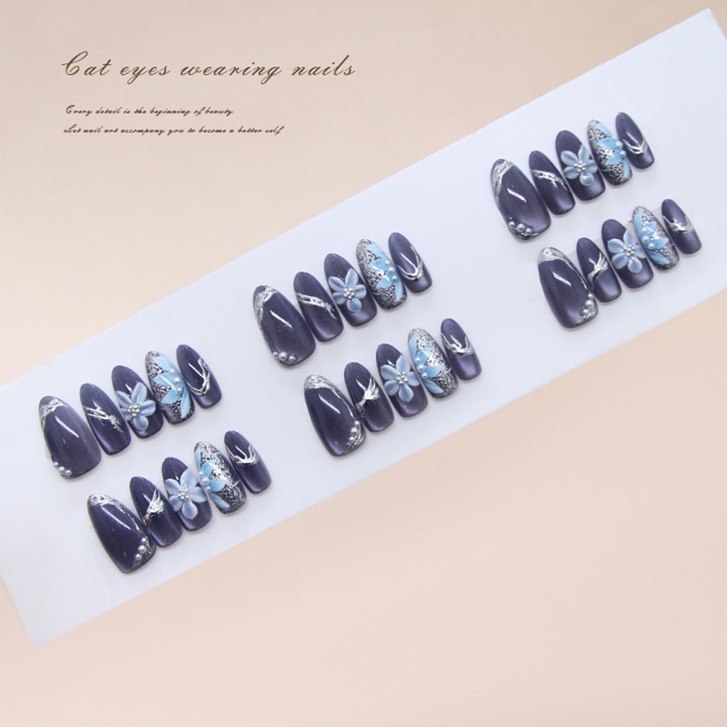 3D Floral Press on Nails Glossy Sparkly Blue Medium Almond Fake Nail Flower False Nails with Silver Glitter Design Curve Line Stick on Nail Pearl Glue on Artificial Fingernails for Women Daily Wear
