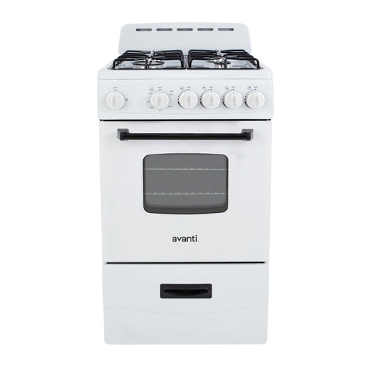 Avanti Gas Range Oven, Compact Freestanding Design, 4 Sealed Burners with Electronic Ignition, 2.1 Cu.Ft. Capacity Features Framed Glass Door Storage Drawer Broiler and Accessories, 20-Inch, White