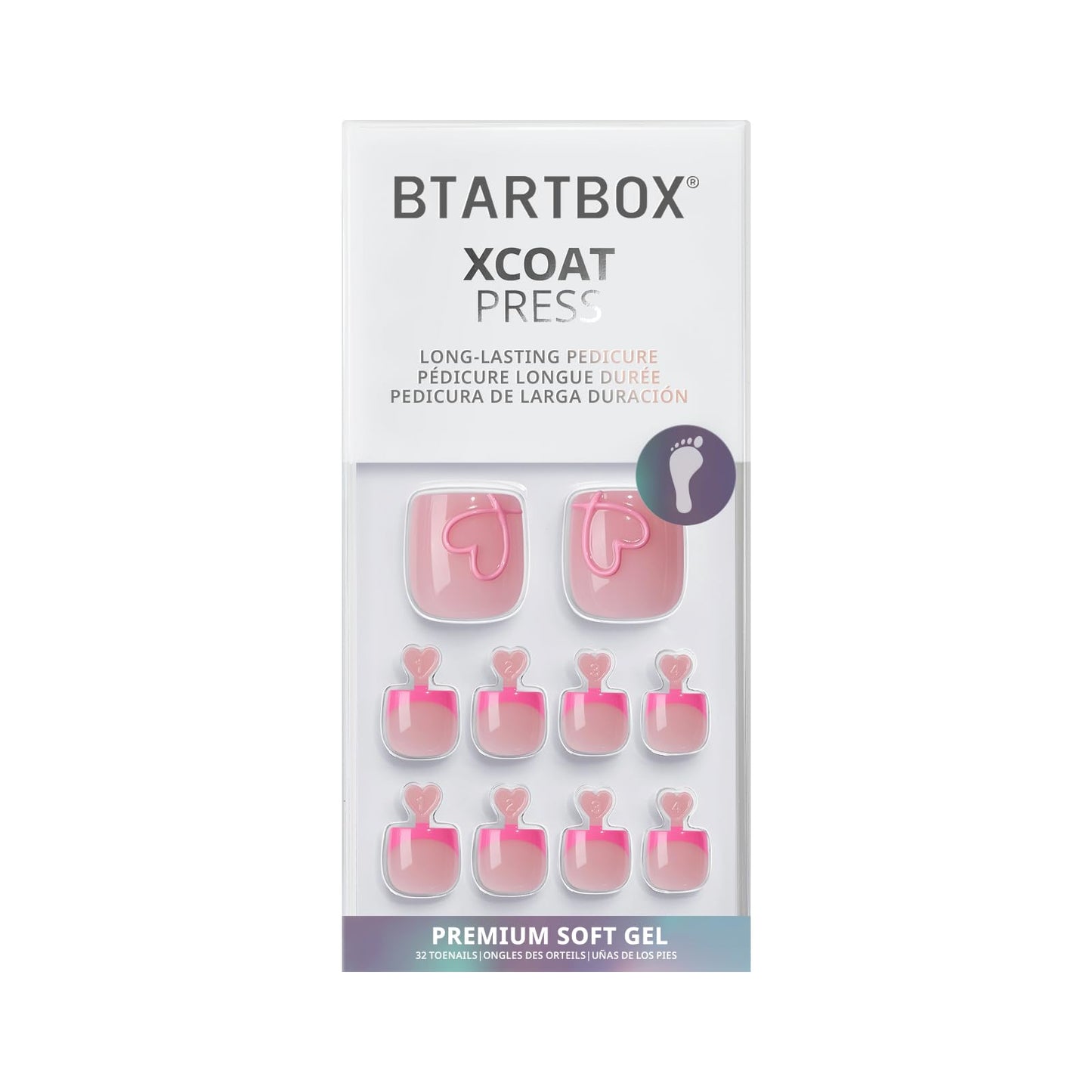 BTArtbox Press On Toenails - Soft Romance, Lamp-Curable 4-Week Wear Hot Pink French Tip Square Toe Nail Press Ons with Glue and Adhesive Tabs, Easy-to-Apply in 15 Sizes - 30 Toenails All-in-One Kit