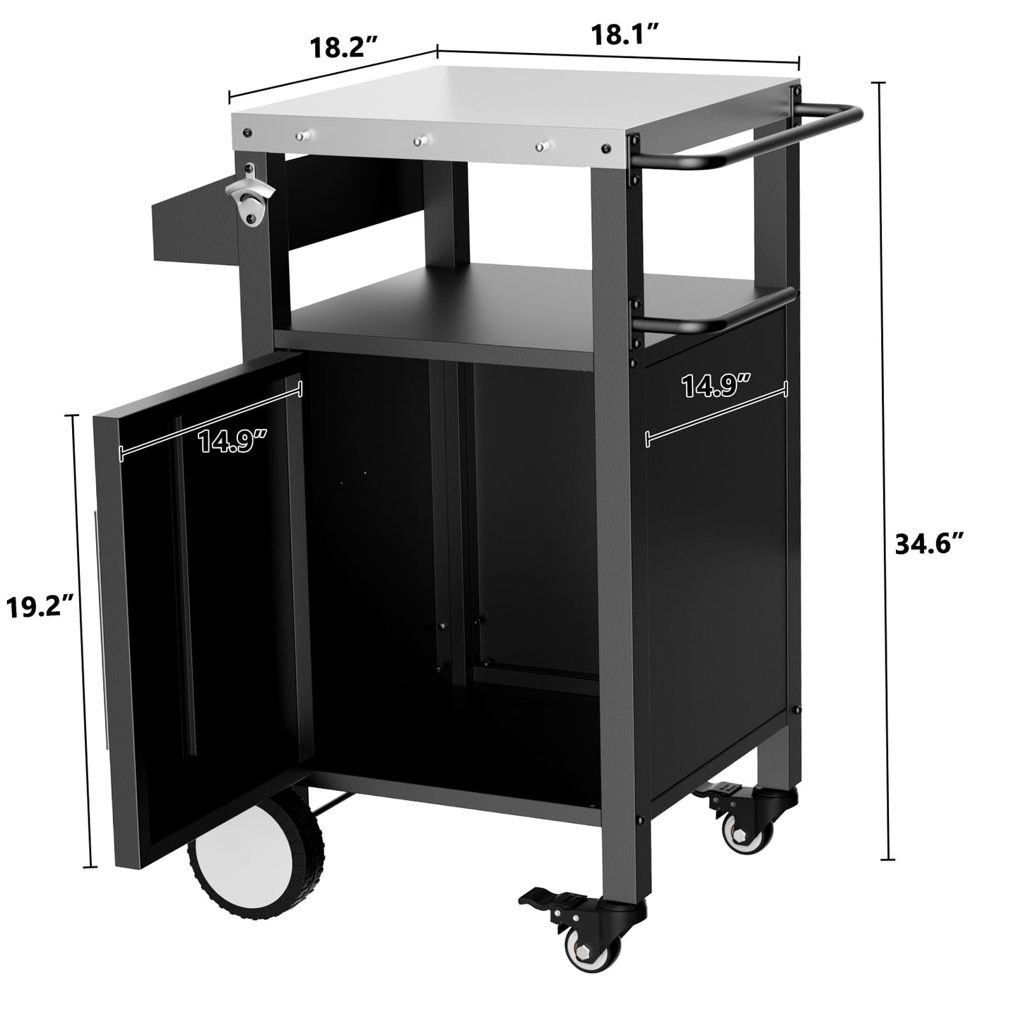 Outdoor Rolling Bar Cart Grill Cart, Outdoor Serving Carts Grill Table Storage Cabinet, Rolling Bar Cart Outdoor BBQ Cart with Hooks and Spice Rack for Grilling Accessories, Black (1 Door)