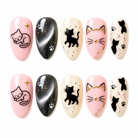 Press On Nails Almond Medium, Handmade Pink Black Cream Acrylic Fake Nails, Cute Cat Paw Print Girly Design, Reusable Glossy, Custom Made to Order