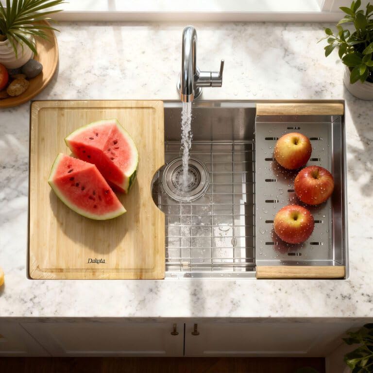 Dakota Workstation Kitchen Sink with Accessory Ledges, 30X20", 16 Gauge Stainless Steel, Undermount Single Bowl Drop In Sink with Colander, Bamboo Cutting Board, Bottom Grid, Premium Kitchen Sinks.