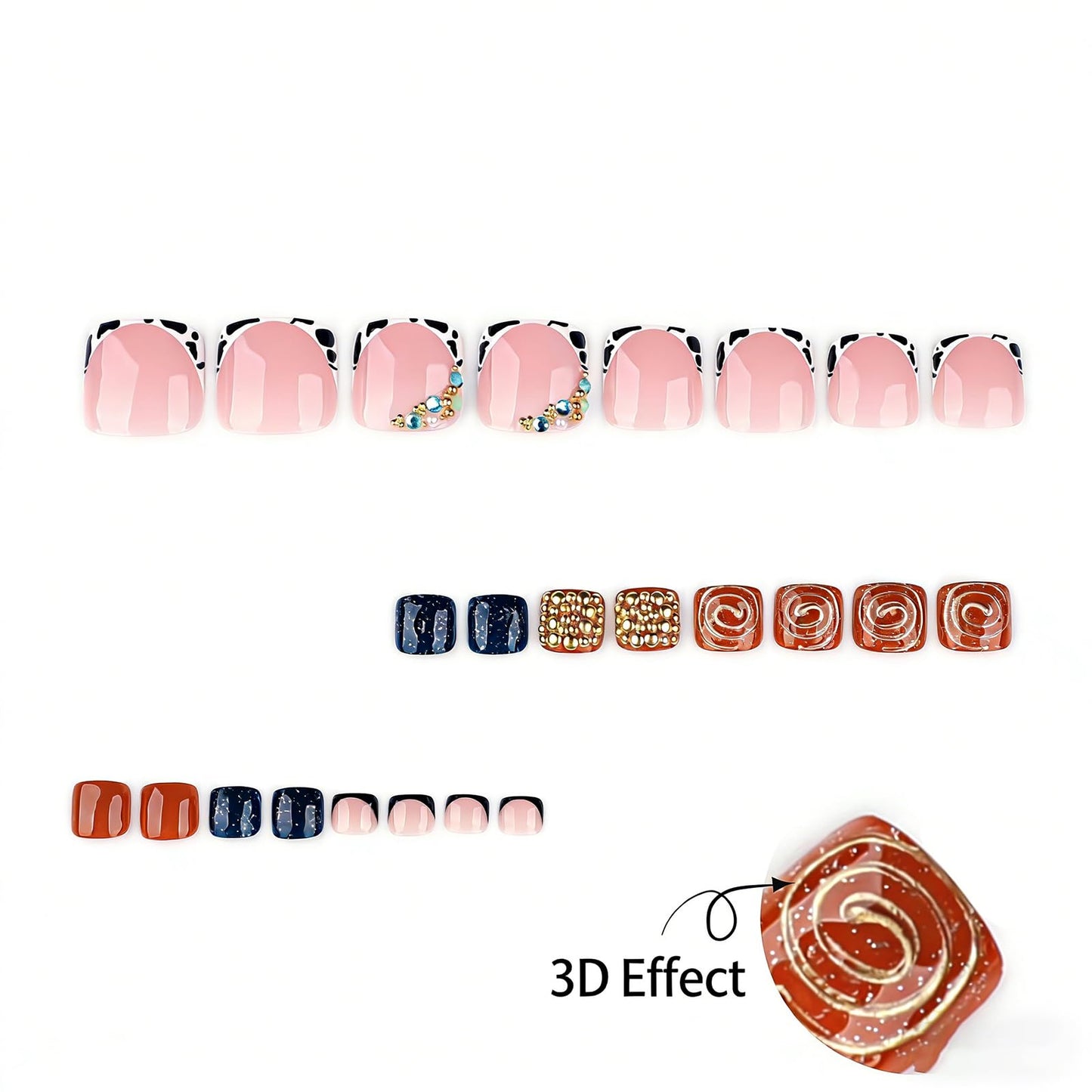 RUOKEXIN Toe Nail Press ons, Short Press on Toenails French Tip Fake Toenails with Gold Rhinestones Designs Square False Toenail Sparkly Artificial Nails for Women 24Pcs