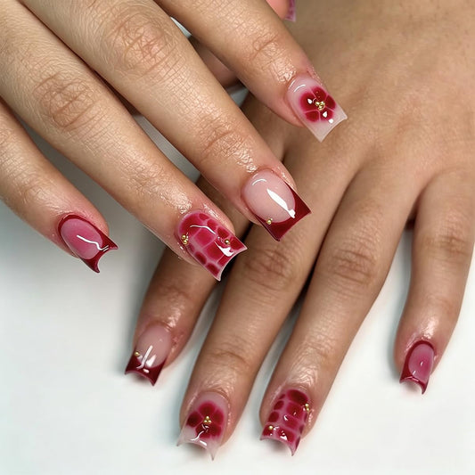 Red Press on Nails French Tip Glue on Nail Medium Square Fake Nails with Gold Beads Design Nude Nails Press ons Full Cover Stick on Nail for Women Manicure 24Pcs