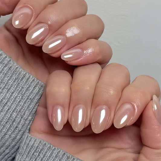 KQueenest Chrome Nude Press On Nails Short Oval, Glitter Fake Nails Press ons with Mirror Effect, Sparkly Pearlescent Glue on Nails Short Almond, Reusable Soft Gel Stick On Nails for Women Wedding