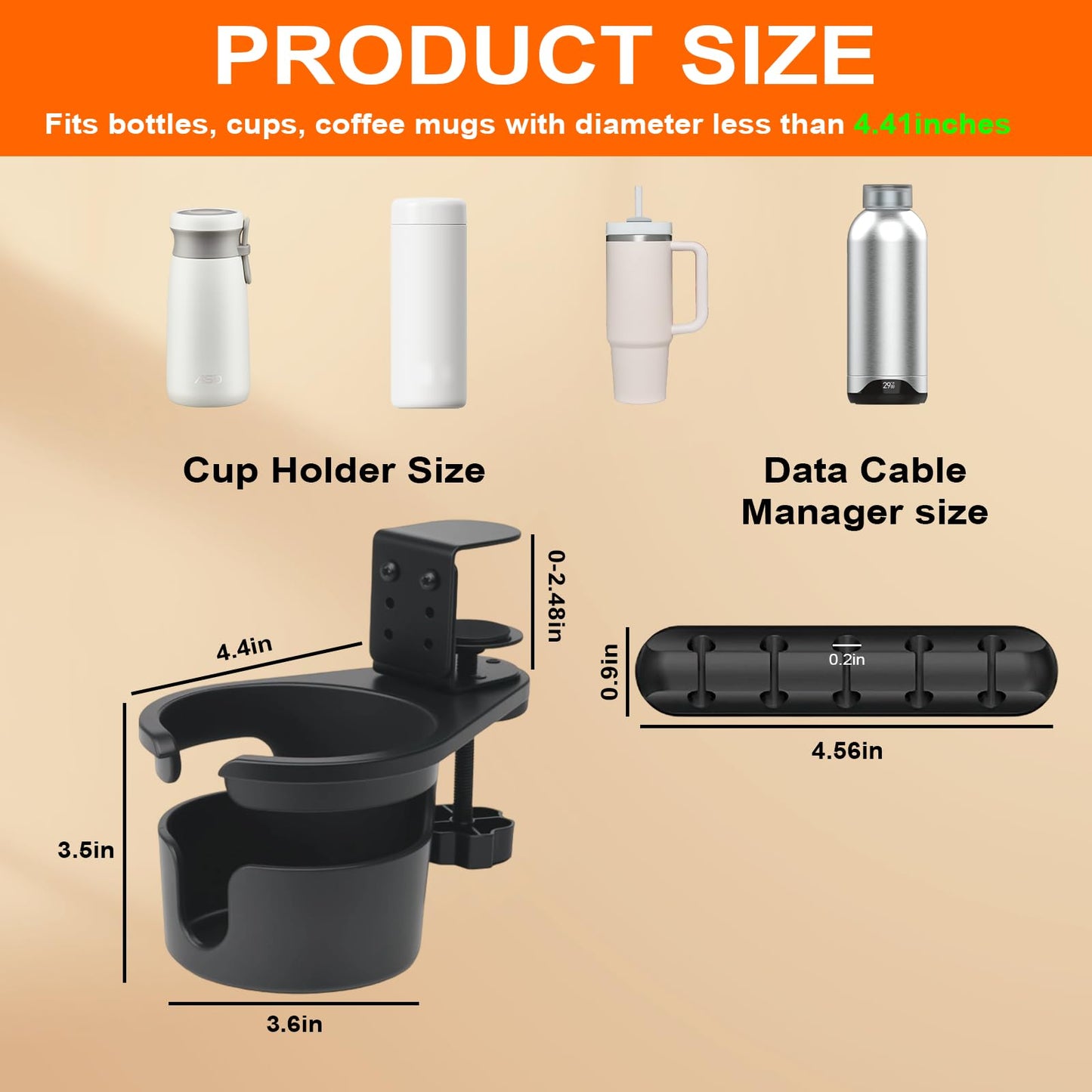 Desk Cup Holder Clamp with 360° Rotation,Anti-Spill Clip On Table Cup Holder, 1 Cord Organizer, Rotatable Water Bottle Stand Drink Coffee Mug Storage, Office Accessories for Home and School (Black)