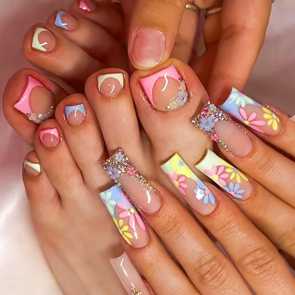 CTTHNBD Long Press on Nails Square & Press on Toenails Set, Colorful French Tip, Flower Fake Nails - Summer Press on Toenails - for Women 48 Pcs