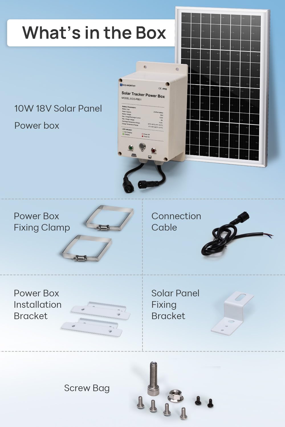 ECO-WORTHY Power Box for Solar Tracker System IP65 Waterproof: 10W Monocrystalline Solar Panel + 6AH 12V LiFePO4 Battery with 3000+ Cycles and BMS Protection Plug and Play for Garden and Outdoor