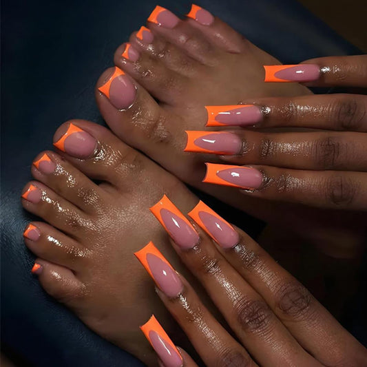 48Pcs Orange French Tip Press on Nails Short & Press on Toenails Set - Medium Fake Nails Press ons Nail Art Tips Cute Glue on Nails Full Cover Nude Fake Toe Nail with Glossy Design Acrylic Nail Kit