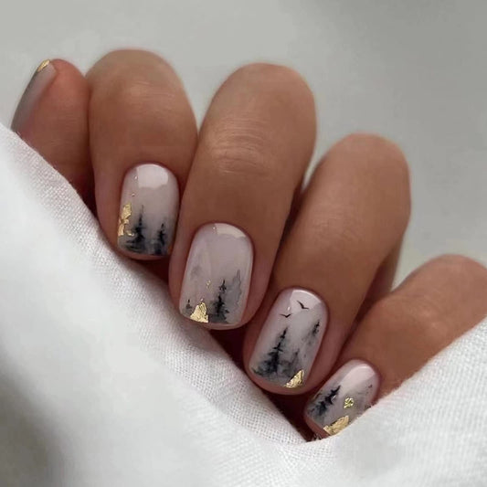 MISUD Press on Nails - Short Square Glue on Nails with Black Ink, Acrylic Gold Foil Design 24 pcs