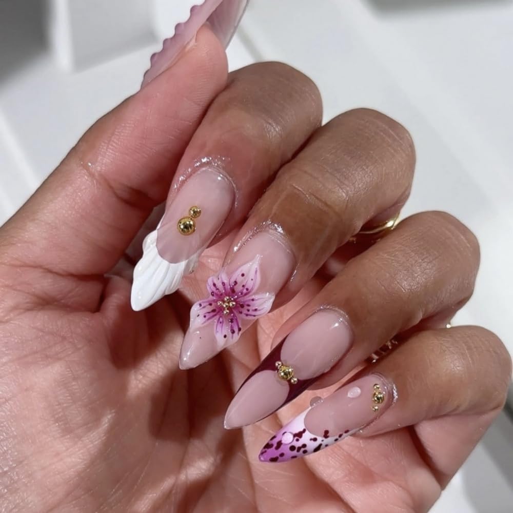 Almond Press on Nails Medium Nails Press on with Purple Bow Design Glossy White French Tips Glue on Nails Ombre Water Ripple Fake Nail Reusable Winter Xmas False Nail for Women Manicure 24Pcs