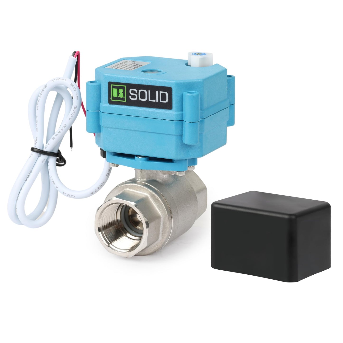U.S. Solid Motorized Ball Valve 3/4 in IP67 Stainless Steel 110-230V Full Port NPT 2-Wire Auto Return Normally Open with Waterproof Cover