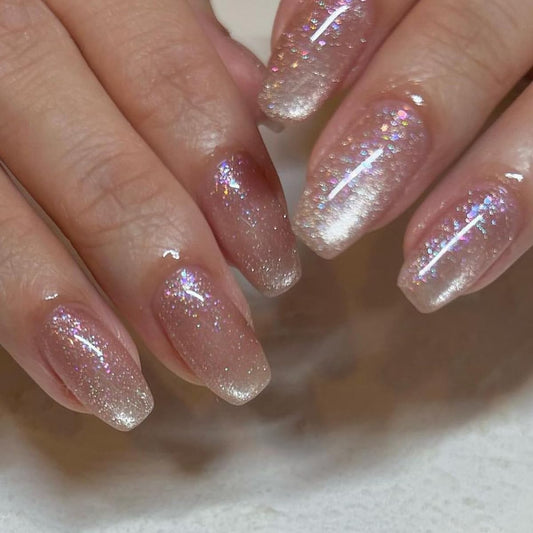 Pink Press on Nails Medium Ballerina Fake Nails Glitter False Nails with Design,Magnetic Nails Press on Reusable Artificial Nail Glossy Full Cover Glue on Nails Stick on Nails for Women Manicure 24Pcs