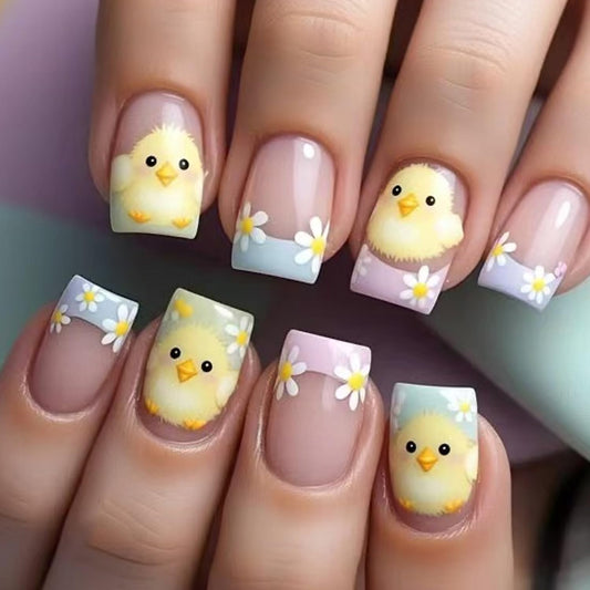 24Pcs Flowers Easter Press on Nails Short Square French Color Tip Artificial Acrylic False Nails Floral with Cute Chicken Design Full Cover Stick on Artificial Fingernails for Women Festival Manicure