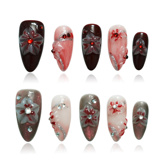 Tesytto Medium Almond Press on Nails – 3D Rhinestones & Red Ombre, Handmade Floral Thick Acrylic Gel Nails (Evil Flower, L)