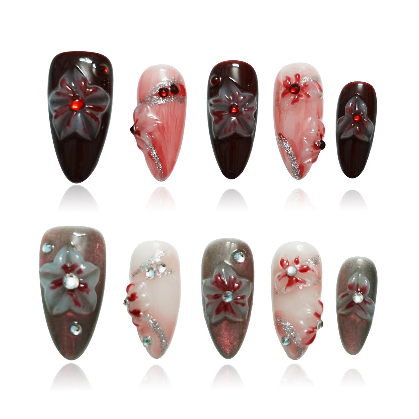 Tesytto Handmade Floral Press on Nails - Medium Almond 3D Embossed Rhinestones & Red Ombre, Thick Acrylic Gel Nails for Parties, Valentine's Day (Evil Flower,S)