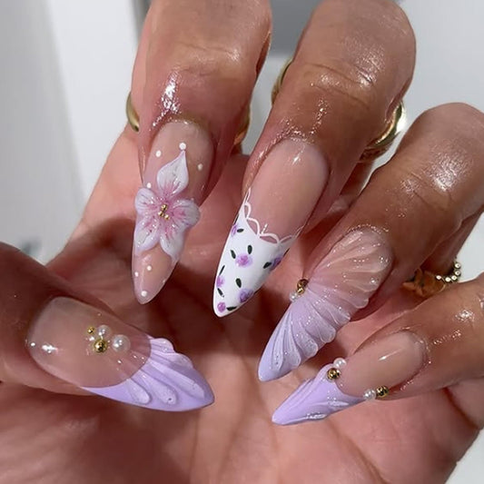 Long Stiletto Press On Nails French Tip Fake Nails Flower With 3d Wave Design Purple False Nails Full Cover Artificial Acrylic Nail Summer Stick On Nail For Women 24pcs
