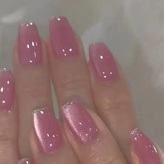 Pink Press on Nails Short Fake Nails with Glitter French Tip Designs Coffin Nails Press ons Cat Eye Glue on Nails Glossy Acrylic Nails Daily Wear Natural Stick on Nails for Women 24Pcs
