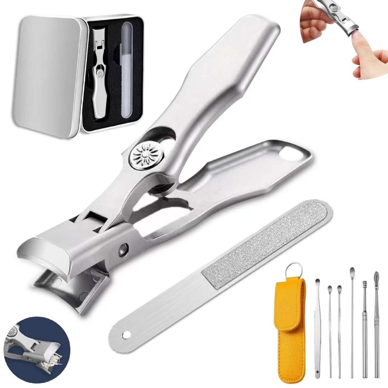 AGSIXZLAN German Nail Clippers Set for Men & Women and Seniors, Large Wide Jaw Opening,Anti Splash Design,Ultra Sharp Stainless Steel Heavy Duty fingernail & toenail Clippers for Thick Nails(Silver)