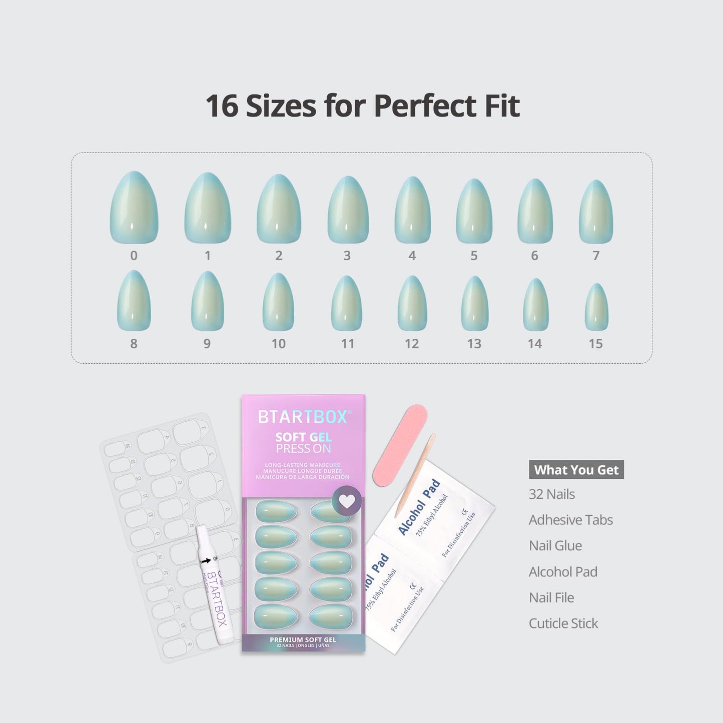 BTArtbox Press On Nails Short - Semester Glow, Easy-to-Apply Blue and White Ombre Almond Press On Nails with Glue and Adhesive Tabs in 16 Sizes - 32 Nails All-in-One Kit