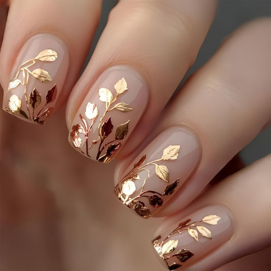 SINHOT Square Press on Nails - Short Fake Nails, Glossy Finish, Gold Chrome Leaves & Nude Natural, DIY Artificial False Nail Art - 24 Pcs Nail Kit with Glue