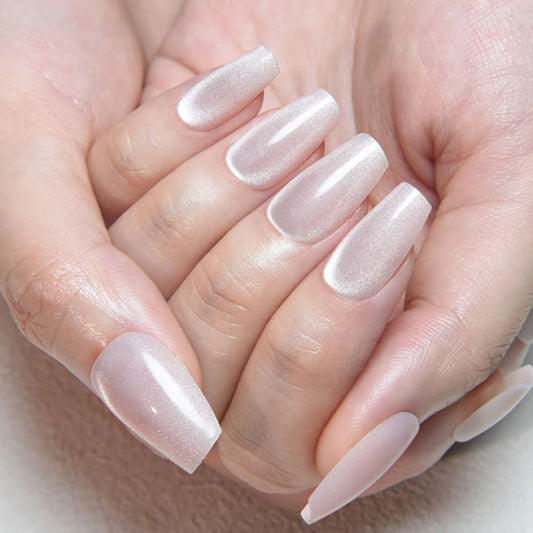 evpct Pearl White Nude Cat Eye Coffin Press on Nails Medium Square No Glue, Stick on Nail Medium Square for Women, Pearl Metallic Glitter Glossy Reusable Soft Press on Acrylic Fake Nail with Designs