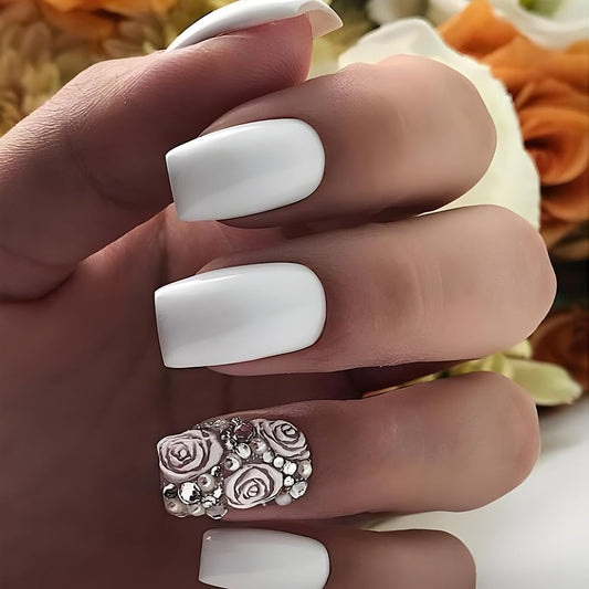 AWDSLUY 24Pcs Milky White Jelly Press on Nails Short Square False Nails Solid Colorful Full Cover Silver Rose Designs Reusable Fake Nails with 3D Pearls Material Acrylic Glue on Nails for Women Decor