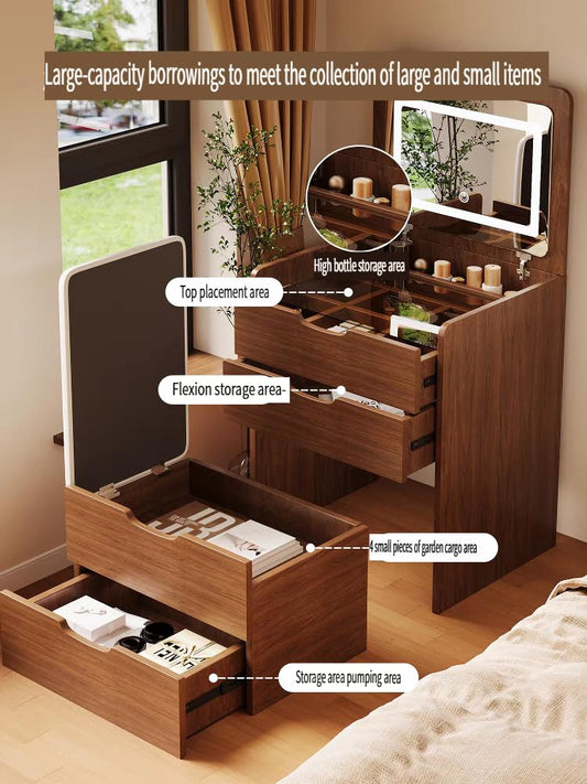 KEIKI Vanity Desk with Plip Top Mirror, 3 in 1 Make Up Vanity Set with 3 Drawers, Dressing Table with Stool for Bedroom, Walnut
