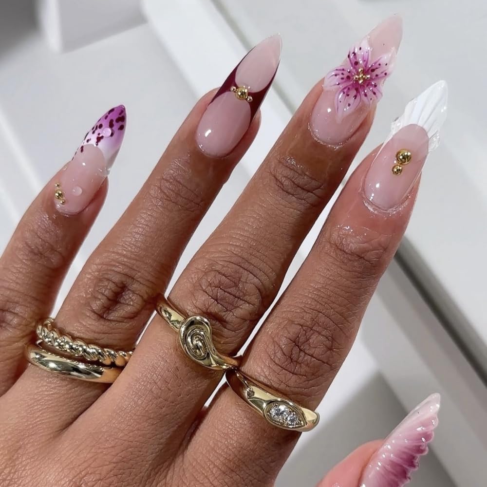 Almond Press on Nails Medium Nails Press on with Purple Bow Design Glossy White French Tips Glue on Nails Ombre Water Ripple Fake Nail Reusable Winter Xmas False Nail for Women Manicure 24Pcs