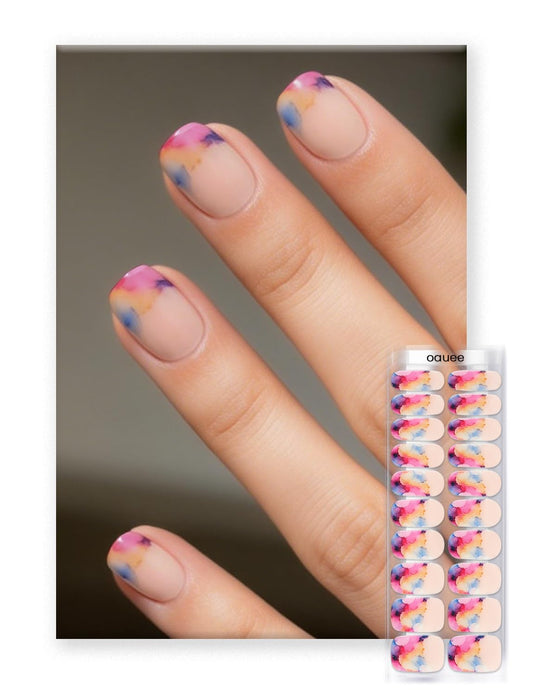 Oauee Semi Cured Gel Nail Strips | Built-In Gel Top Coat | UV Light Required | Salon Quality, Easy Application And Removal (Ink Blot Rainbow）