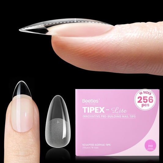 Beetles Tipex Lite Pre-Built Apex Gel Nail Tips, Almond Medium, 256pcs Value Pack, 16 Sizes, Flat-Nail Friendly Acrylic Tips for Natural Nail Beds, Easy for Beginner DIY