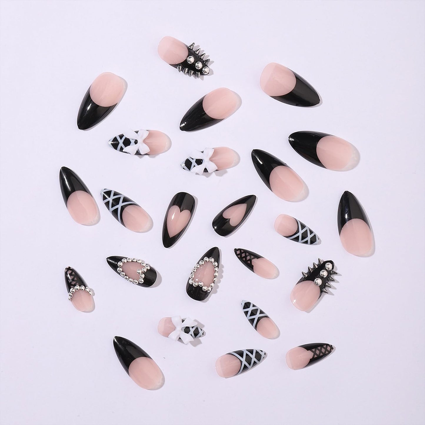 SINHOT Stiletto Press on Nails - Long Fake Nails, Glossy Finish, 3D White Bow & Pearl Hearts, DIY Artificial False Nail Art - 24 Pcs Nail Kit with Glue