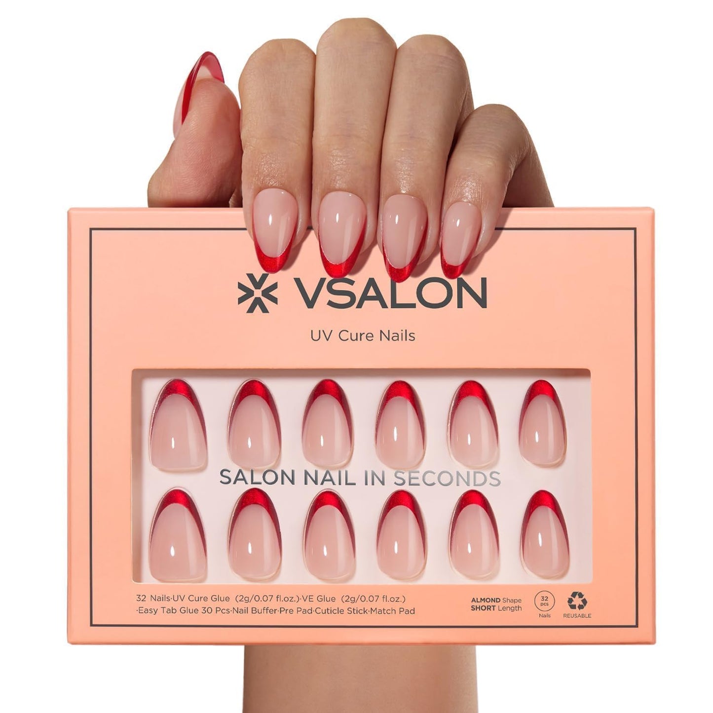 VSALON Almond Short Press On Nails, Red French Tip Chrome Light Curbale Glossy Fake Nails, Reusable Opaque Stick On Nails, Soft Gel Glue On False Nails Kit in 16 Sizes 32 Pcs with Glue