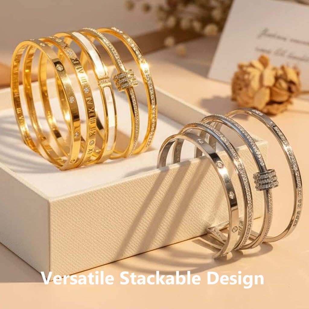 5-Piece Elegant Stainless Steel Bracelet Set, Fashionable Classic Design, Silver/Gold Love Bangle Non Tarnish Stackable Bracelet Trendy Jewelry Gift Gifts for Girlfriend Wife Her (Silver)