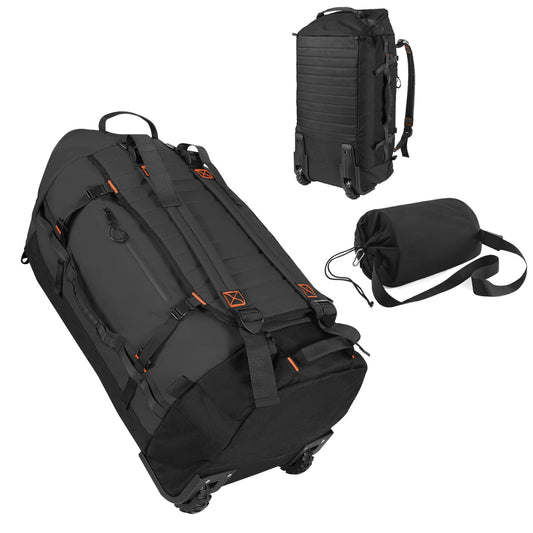 Vrtisa 85L 29“ Foldable Rolling Backpack with Wheels, Soft-side Travel Duffle Bag with Separate Shoe Compartment, Full Quilted Bottom,Black