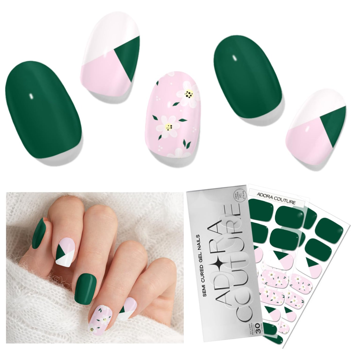 Adora Couture Semi Cured Gel Nail Strips with 30 Pieces, Salon Quality Wraps for Women, Beautiful Deep Green with Floral Accents UV Gel Stickers, UV Light Required, Petal Grove