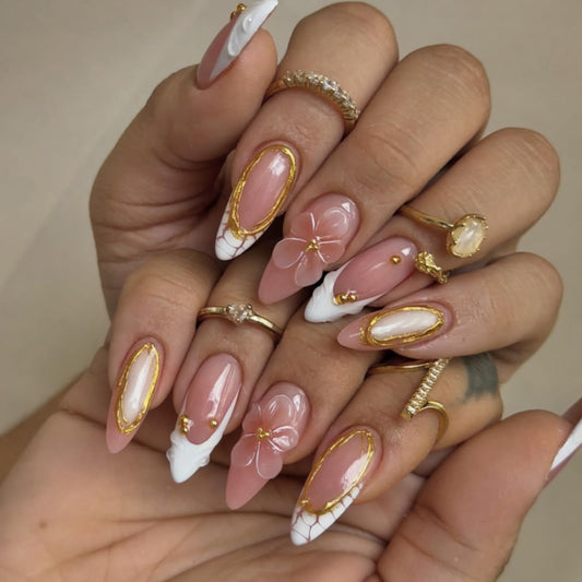 Long Almond Press on Nails Nude Pink 3D Flower Fake Nails Golden Lines Stick on Nails Crocodile Pattern False Nails for Women DIY 24Pcs