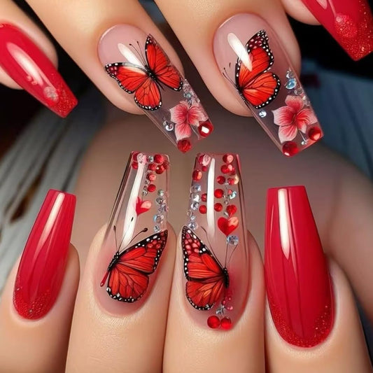 Long Coffin Press on Nails Butterfly Fake Nails Glossy Glue on Nails Red French Tip Acrylic Nail Bling Glitter Artificial Nail 3D Rhinestone Stick on False Nails with Gradient Design 24 pcs
