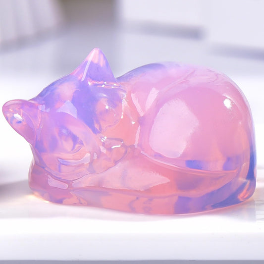 Ytbeoxk 2.1 Inch Opal Cat Crystals Statue cat Sleeping Decor Healing Crystal Cute Kitten Figurines Hand Carved Stone Energy Gemstones for Luck Statue in Home and Office Meditation for Cat Lover