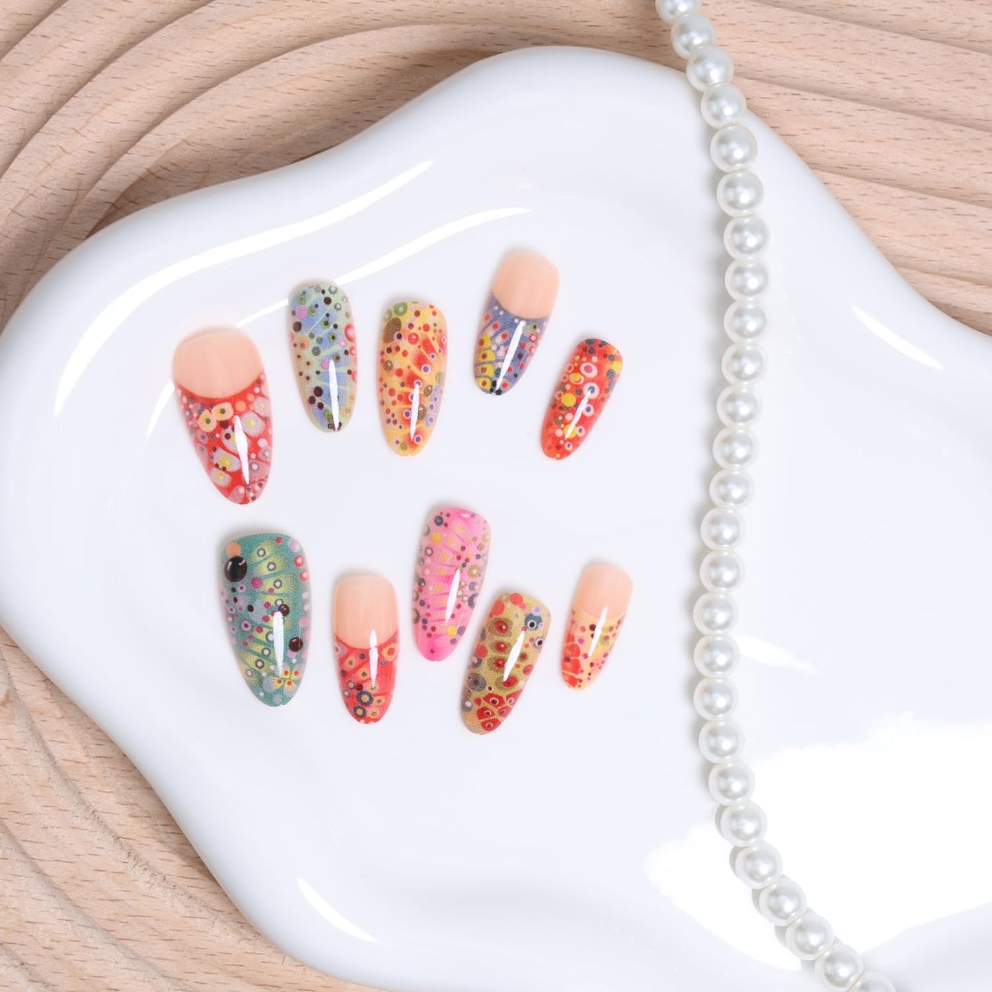 BSBTBZ Colorful Polka Dots Press On Nails Medium Almond Shape 30pcs Acrylic ABS False Nails French Tip Glossy Full Cover Artificial Nails for Women