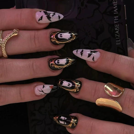 Halloween Press on Nails Short Fake Nails with Ghost Bat Design Almond Nails Glitter False Nails Halloween Full Cover Cute Stick on Nail for Woman Tool Kit Nail 10pcs (MT-151-M)