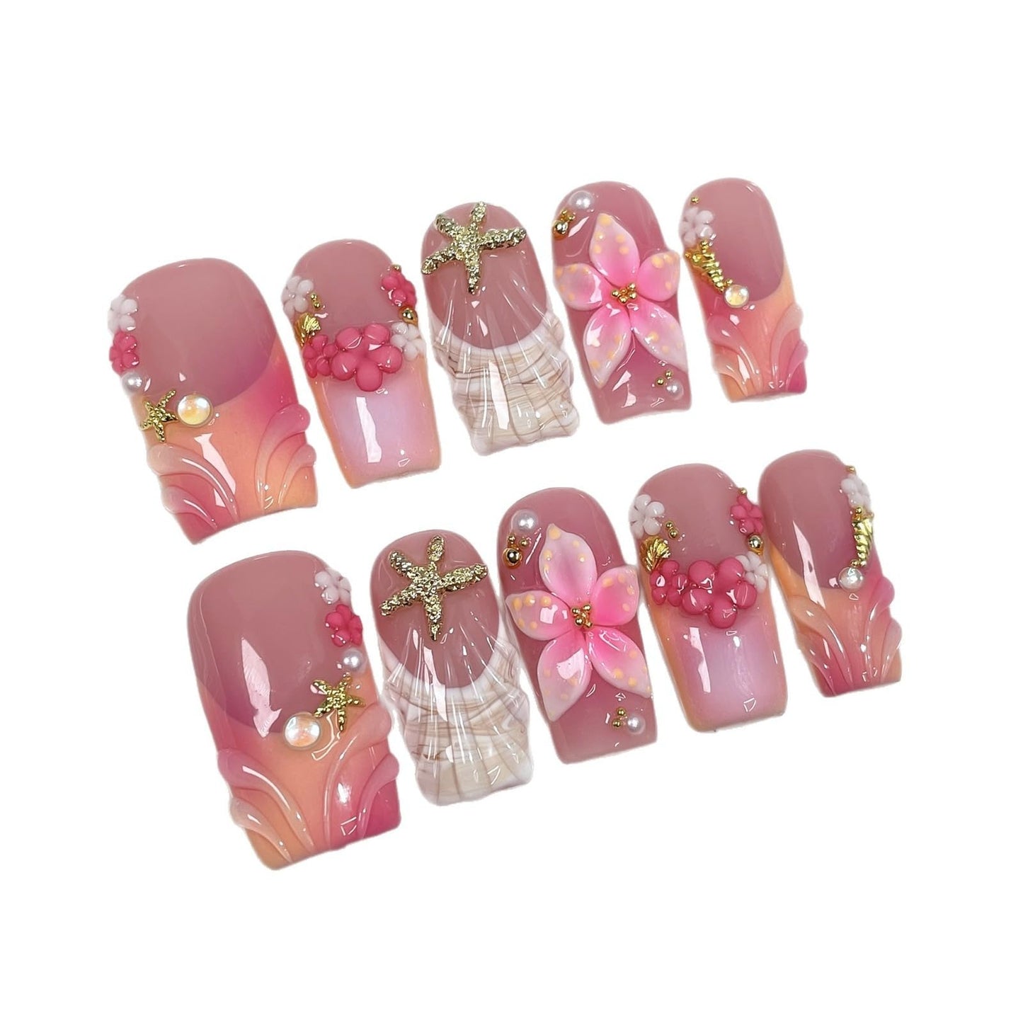 Handmade Press on Nails Square Shape Luxury Medium Handmade Nails with Flower & Starfish Design Pink Gradeint French Tip False Nails Muti-Layer Gel Stick on Nail for Women 10Pcs (M)
