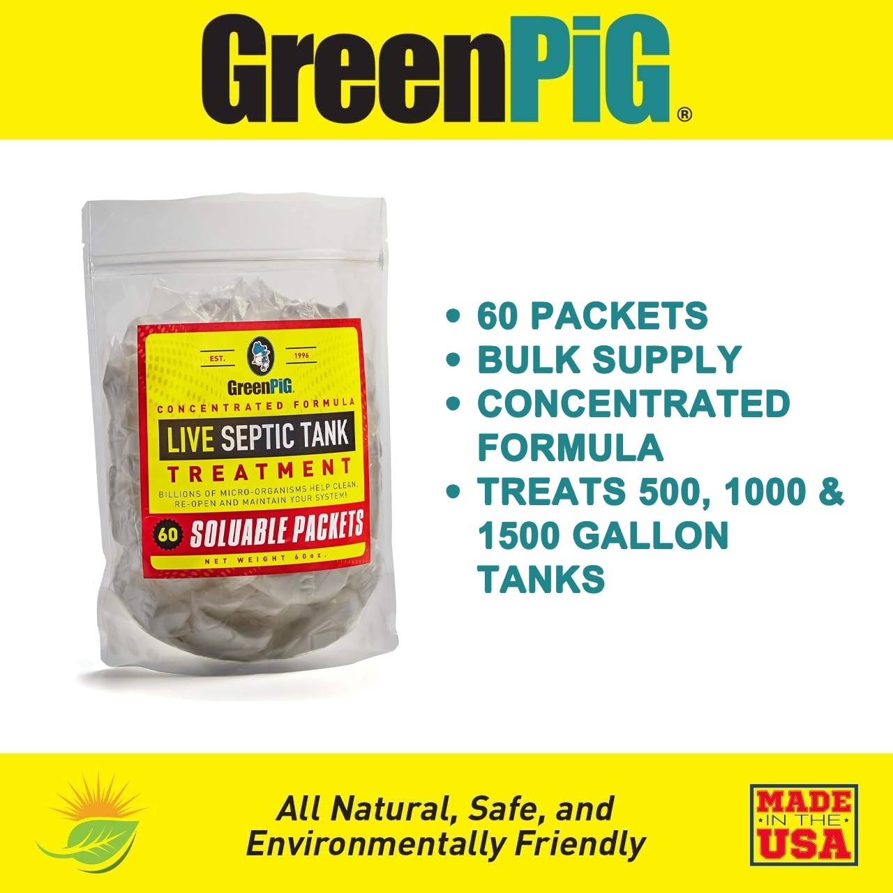 Green Pig Septic Tank Treatment Packets – Septic-Safe Enzyme Treatment for Preventative Maintenance, Helps Prevent Clogs & Odors, Shareable Supply (60 Packets)